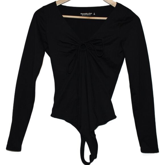 Women's Abercrombie & Fitch Soft AF Black Nylon Long Sleeve V-Neck Bodysuit Sz S - Picture 1 of 6